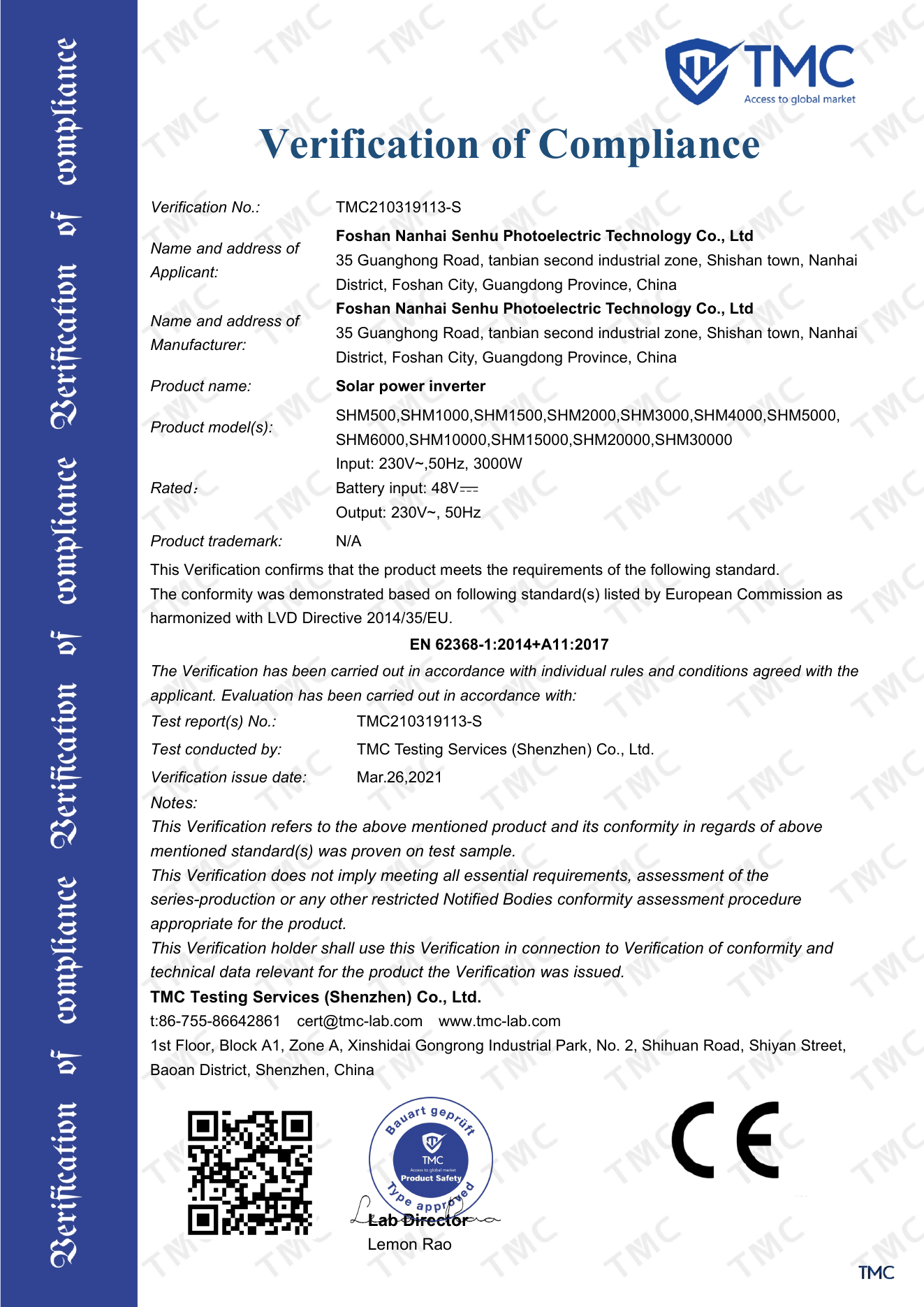 Solar inverter LVD certificate
