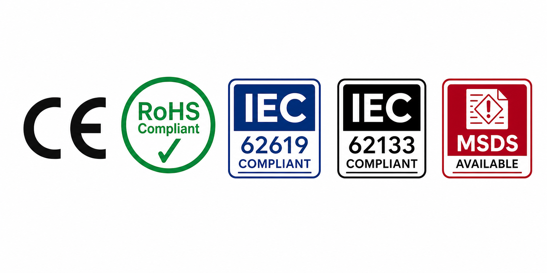 CE, RoHS, IEC 62619, IEC 62133 and MSDS certifications