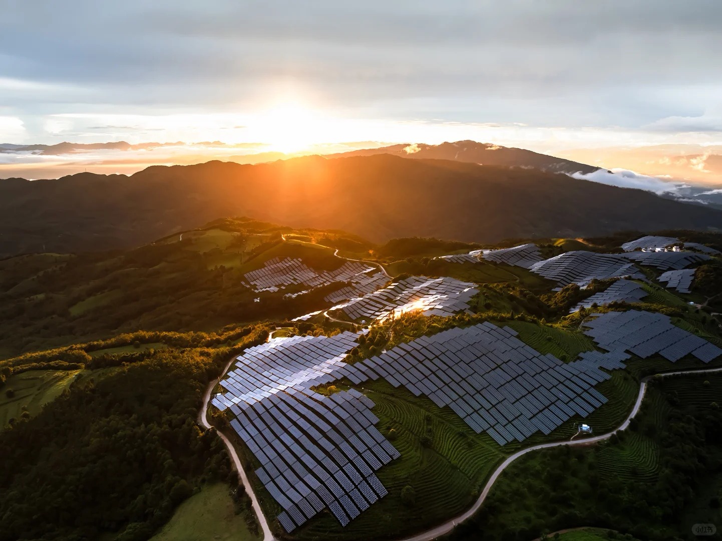 Mountain solar power station at sunrise