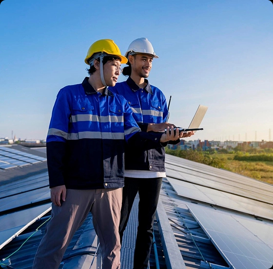 Two engineers installing solar panels